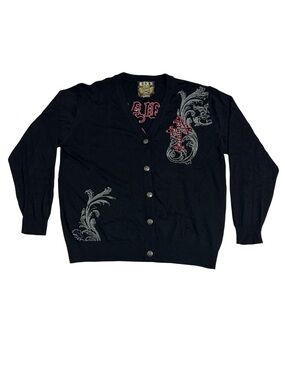 Men's Black Button-Up Cardigan with Ornate Embroidery Y2K Hip Hop Style